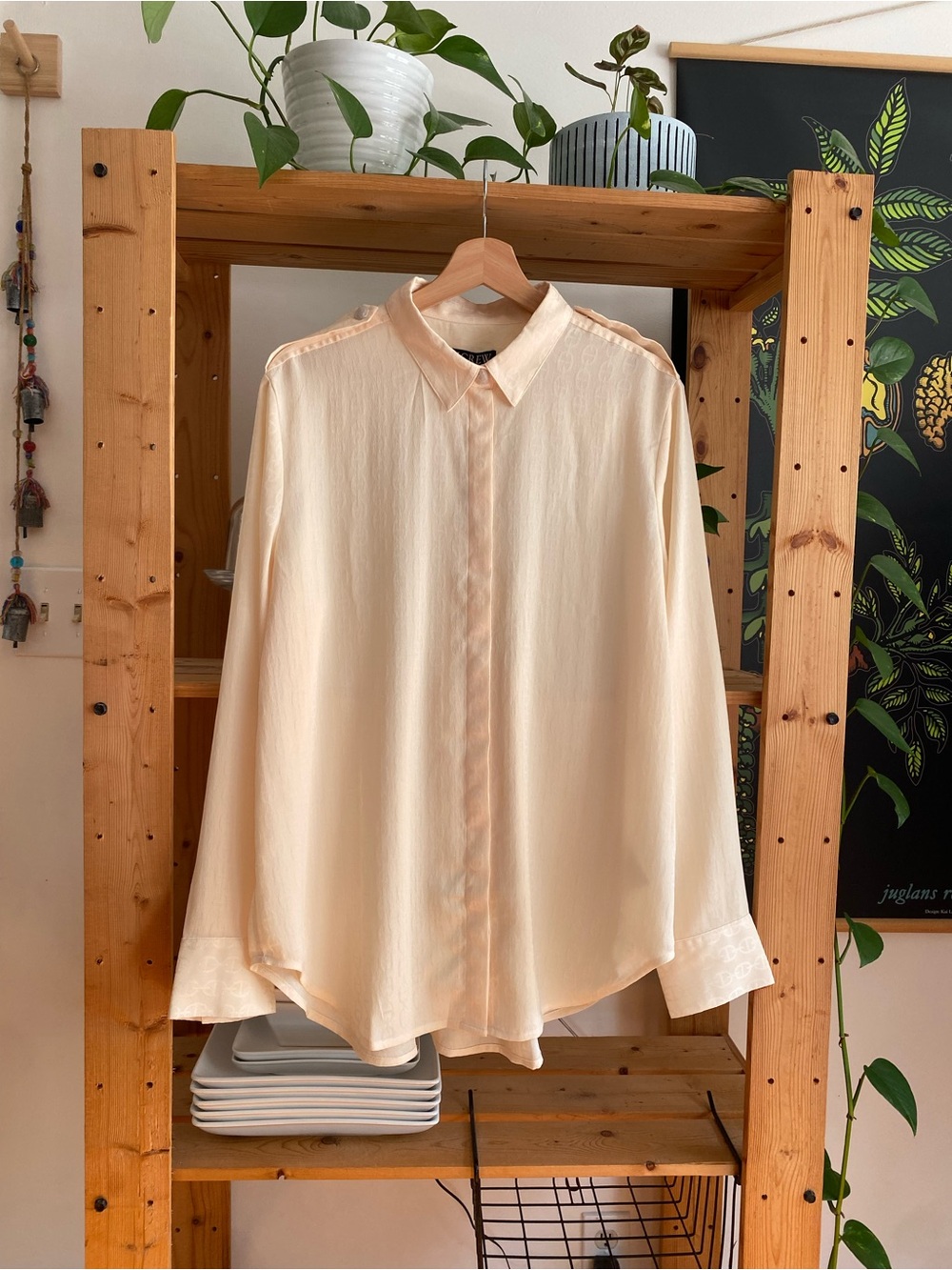 J.Crew Cream Satin Drapey Jacquard Chainlink Print Button Down Shirt XL - Picture 6 of 16